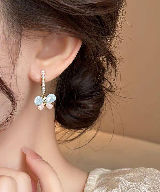 Rainbow Butterfly Hoop Cute Earrings Pearl Alloy
