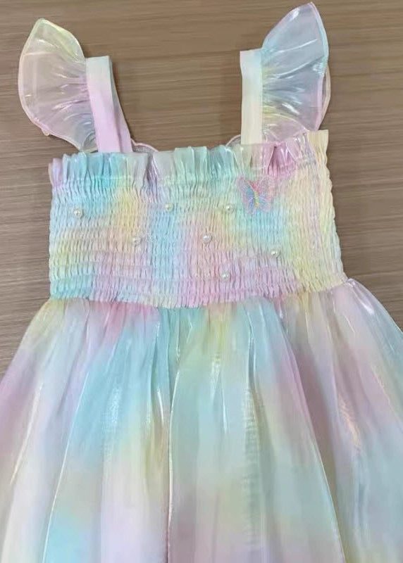 Cute Rainbow Wrinkled Bow Pearl Tulle Girls Maxi Dresses Sleeveless XZ034