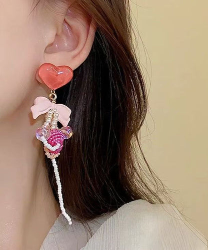 Cute Red Alloy Acrylic Resin Coloured Glaze Floral Tassel Drop Earrings QZ005