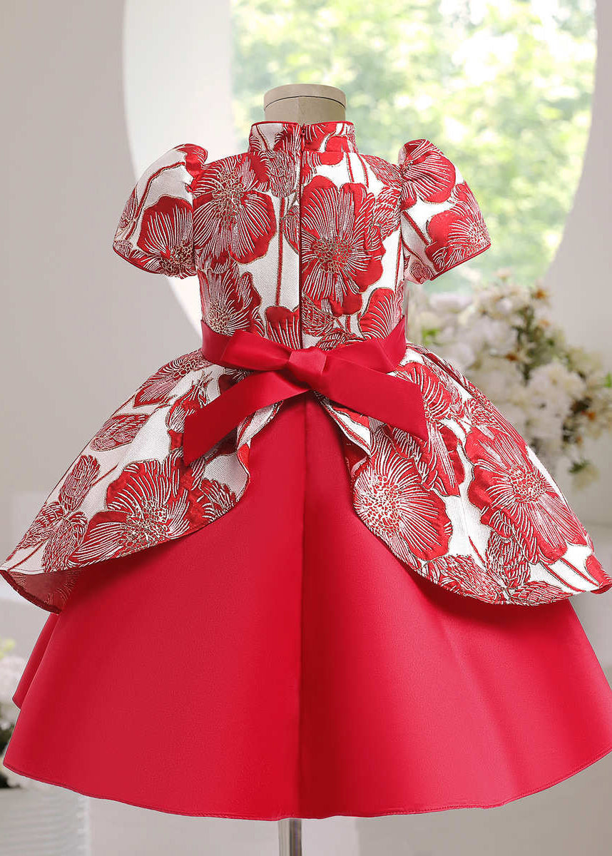 Red Short Cute Sleeve Asymmetrical Bow Kids Maxi Print Dress