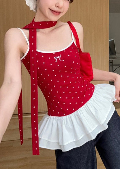 Red Ruffled Summer Tank Cute Wrinkled Patchwork Dot