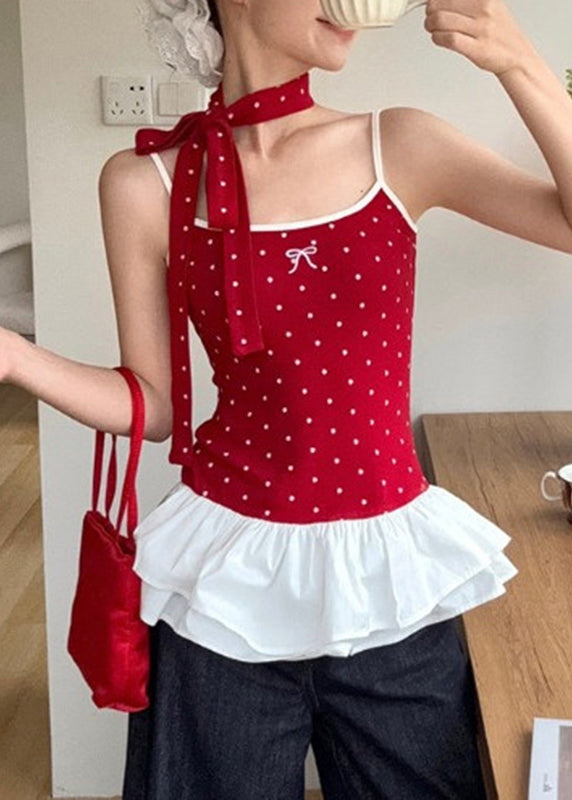 Red Ruffled Summer Tank Cute Wrinkled Patchwork Dot
