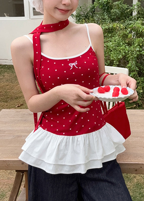 Red Ruffled Summer Tank Cute Wrinkled Patchwork Dot