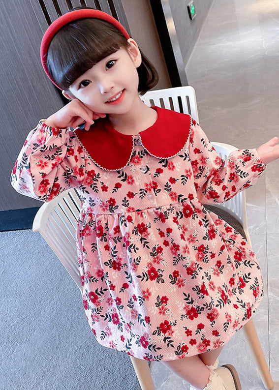 Cute Red Peter Pan Collar Print Cotton Girls Dresses Long Sleeve XZ008