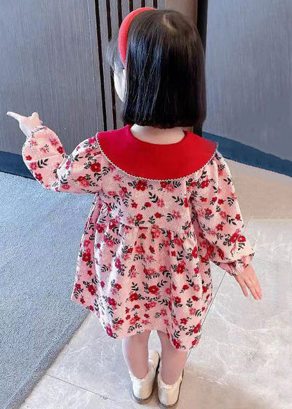 Cute Red Peter Pan Collar Print Cotton Girls Dresses Long Sleeve XZ008