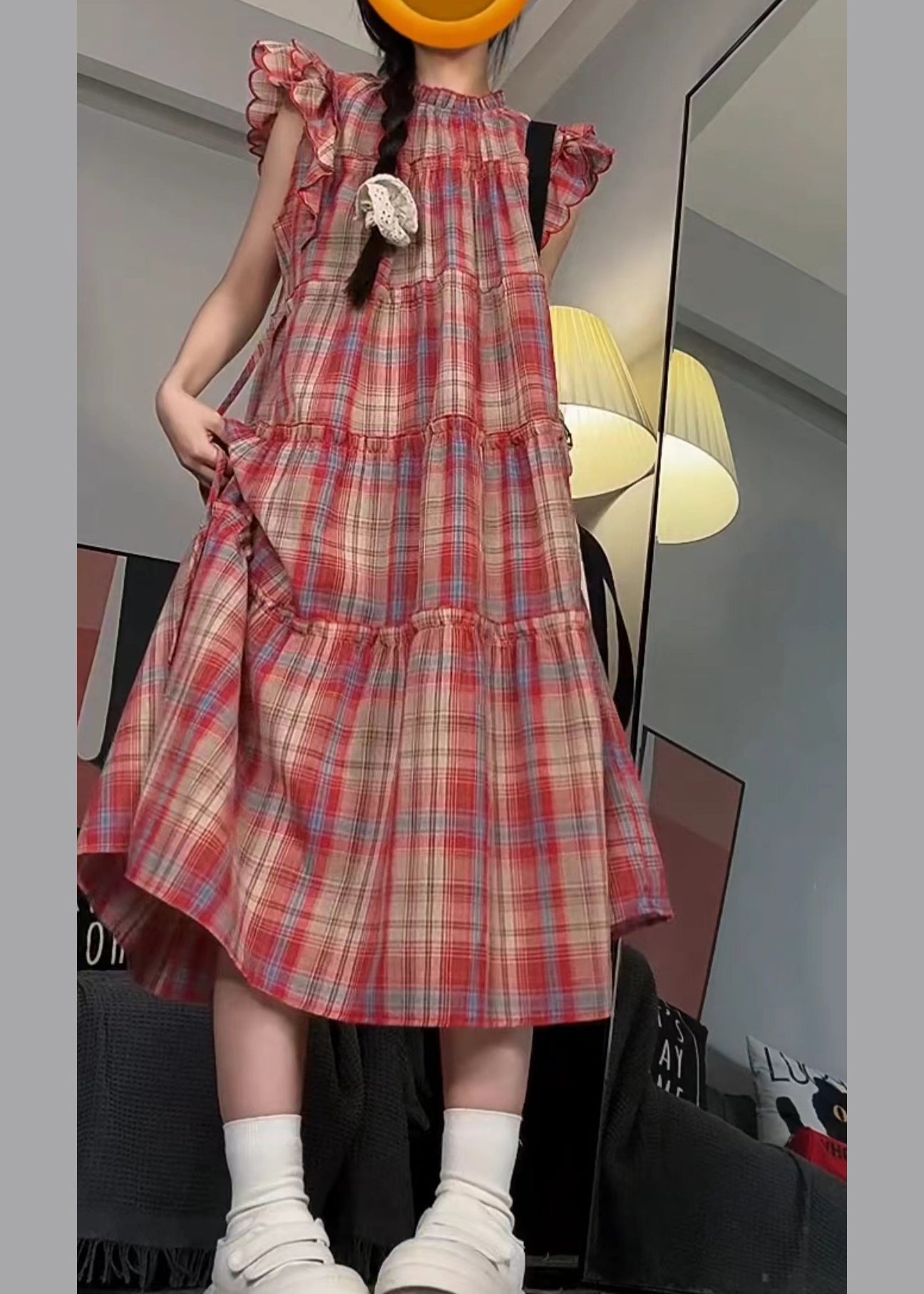 Cute Red Ruffled Patchwork Long Dress Short Sleeve UU1022