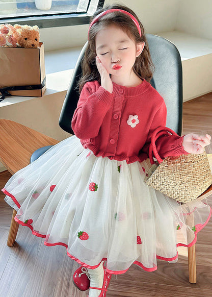 Cute Red Ruffled Tulle Patchwork Knit Girls Long Dress Fall XZ050