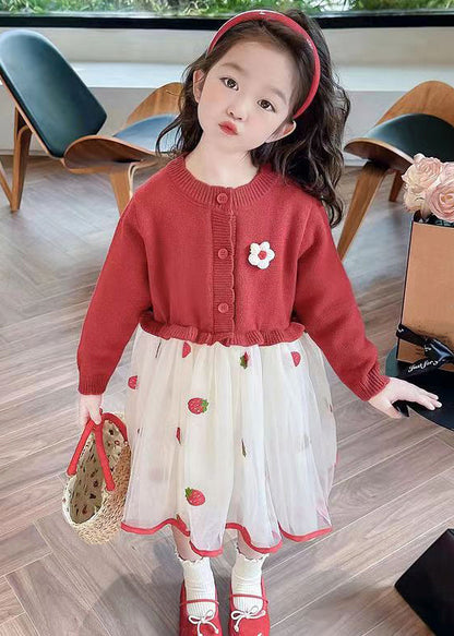 Cute Red Ruffled Tulle Patchwork Knit Girls Long Dress Fall XZ050