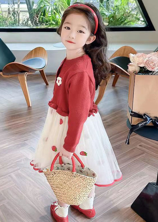 Cute Red Ruffled Tulle Patchwork Knit Girls Long Dress Fall XZ050