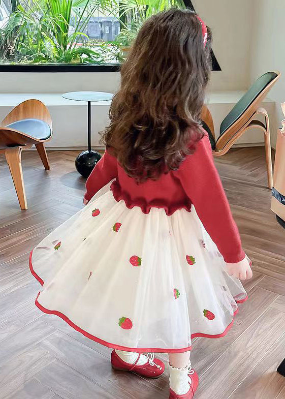 Cute Red Ruffled Tulle Patchwork Knit Girls Long Dress Fall XZ050