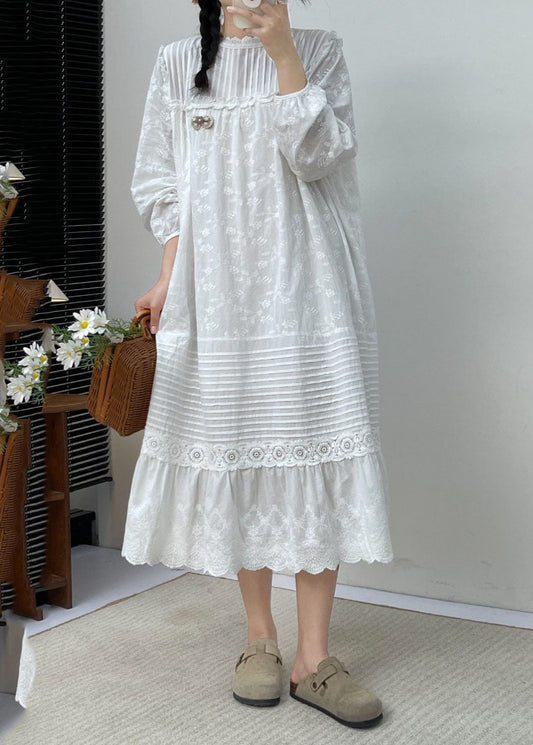 Cute White Embroidered Ruffled Patchwork Wrinkled Cotton Maxi Dress Long Slee BV030