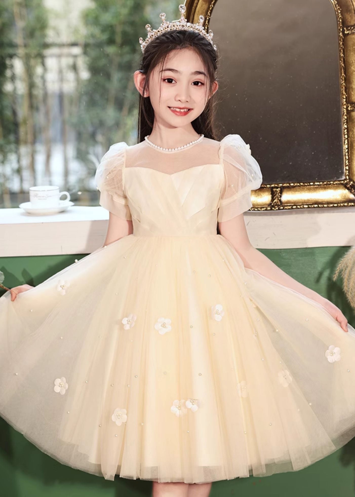 Cute White Embroideried Patchwork Tulle Girls Long Dresses Short Sleeve XZ027