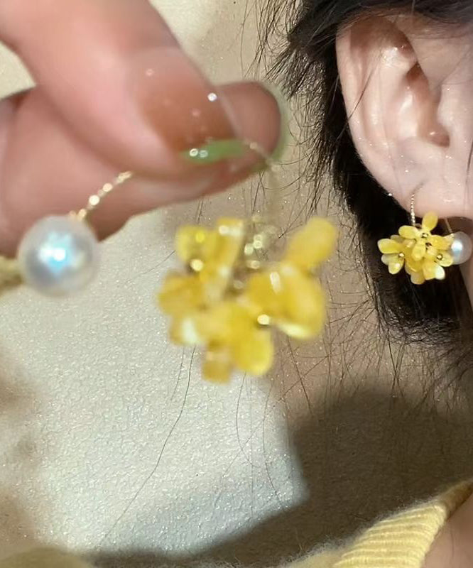 Hoop Earrings Floral Acrylic Pearl Cute Copper Yellow