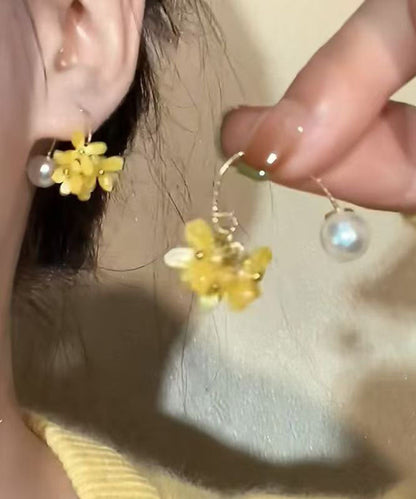 Hoop Earrings Floral Acrylic Pearl Cute Copper Yellow