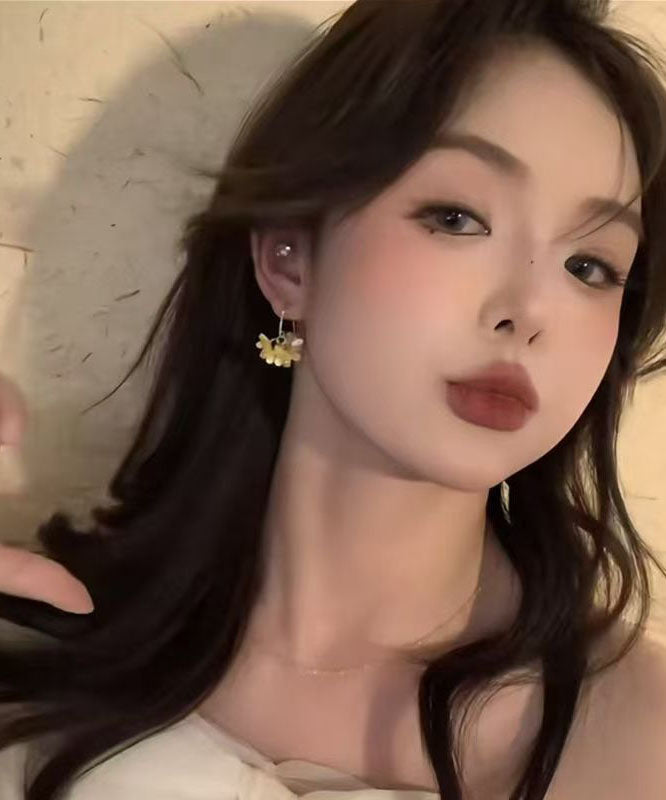 Hoop Earrings Floral Acrylic Pearl Cute Copper Yellow