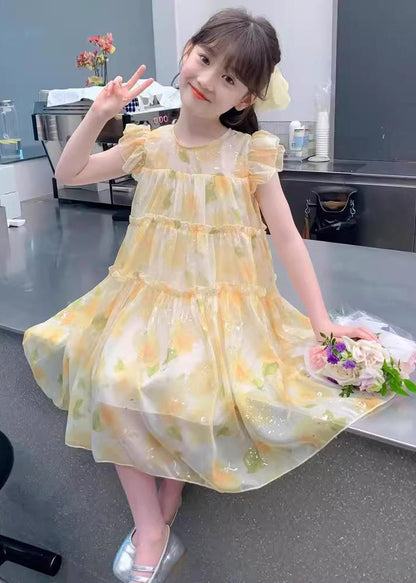 Robe longue d'été en mousseline de soie à volants et col rond pour fille, jolie et jaune, TT021