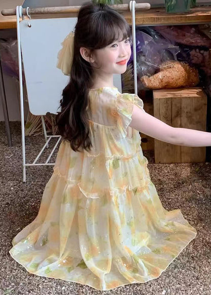 Robe longue d'été en mousseline de soie à volants et col rond pour fille, jolie et jaune, TT021