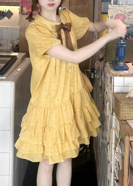 Patchwork Ruffled Mid Cotton Dresses Yellow Cute Summer
