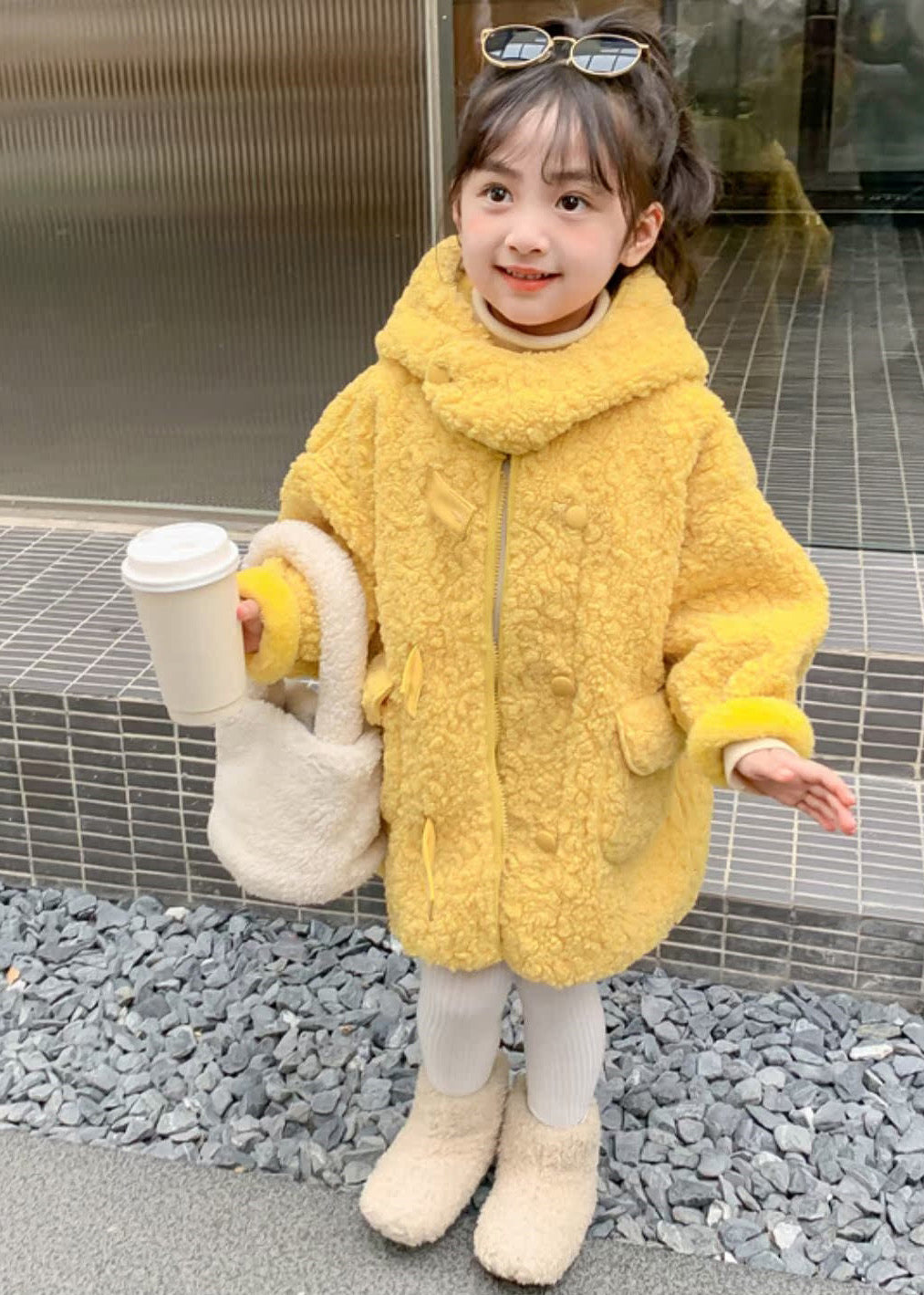 Cute Yellow Zippered Patchwork Kids Faux Fur Long Coat Winter WL029