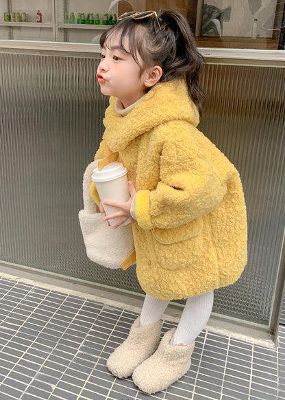 Cute Yellow Zippered Patchwork Kids Faux Fur Long Coat Winter WL029