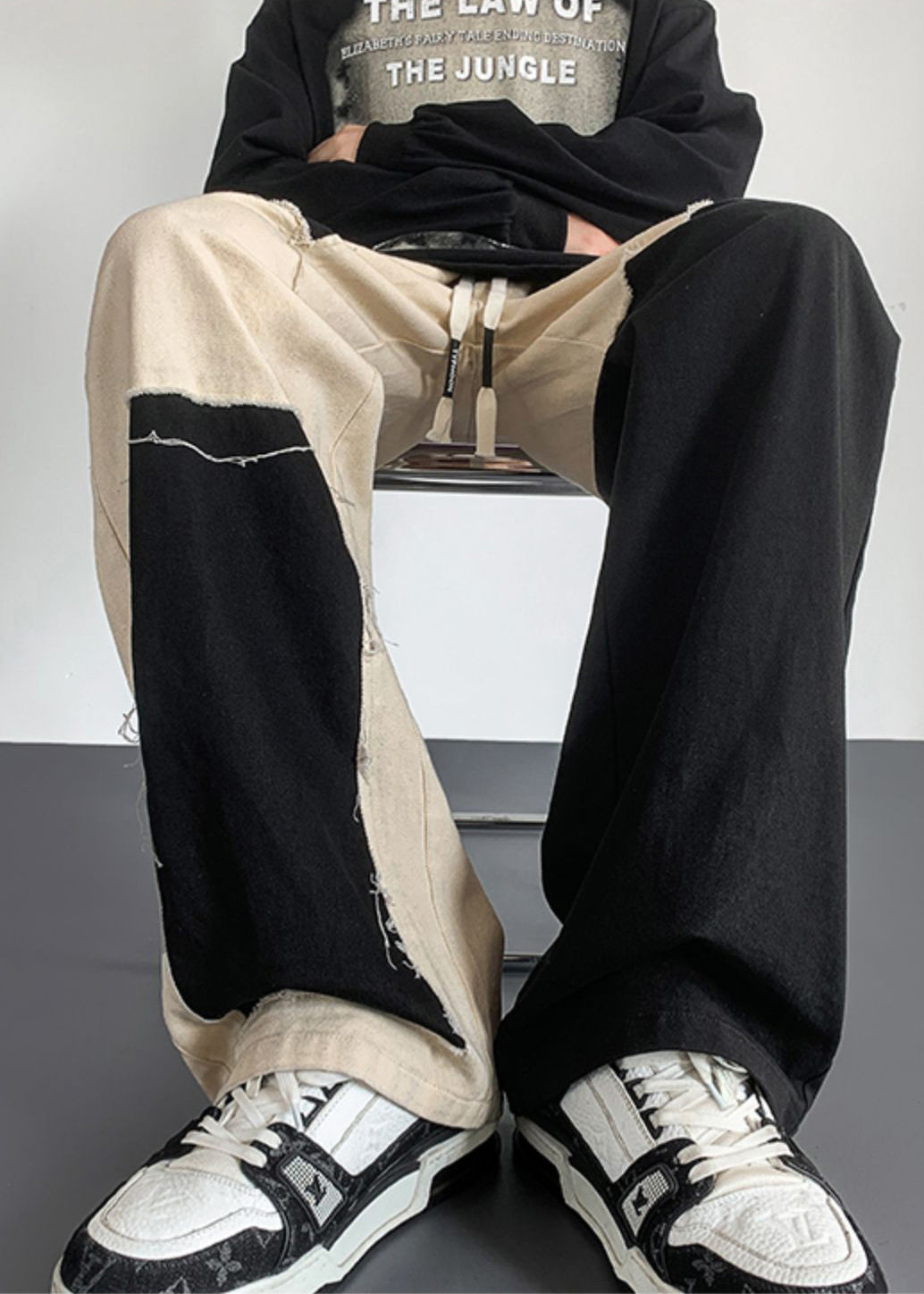 Casual Cotton Patchwork Mens Clothing DIY Pants Asymmetrical