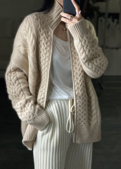 DIY Beige Zip Up Casual Woolen Knitted Tops Coat OO016