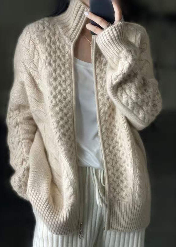 DIY Beige Zip Up Casual Woolen Knitted Tops Coat OO016