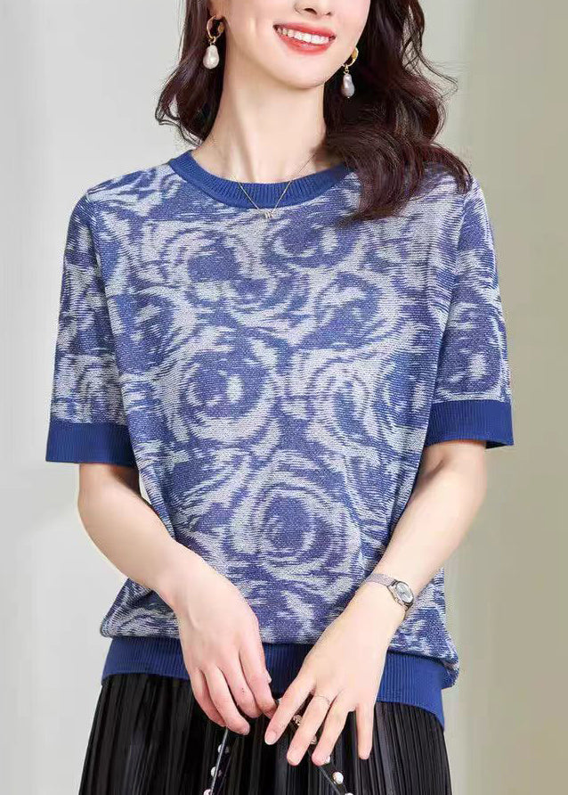 Summer O-Neck DIY Knit Print Top Blue