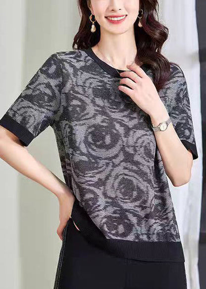 Summer O-Neck DIY Knit Print Top Blue