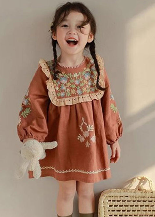 DIY Brick Red Embroideried Hollow Out Kids Mid Dress Fall SS1063