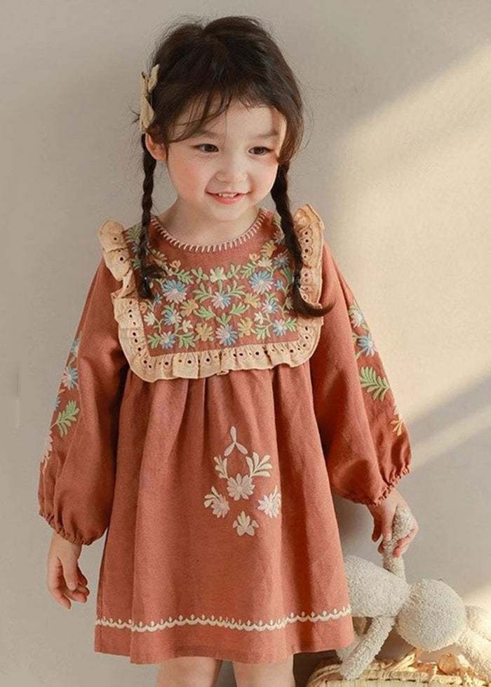 DIY Brick Red Embroideried Hollow Out Kids Mid Dress Fall SS1063