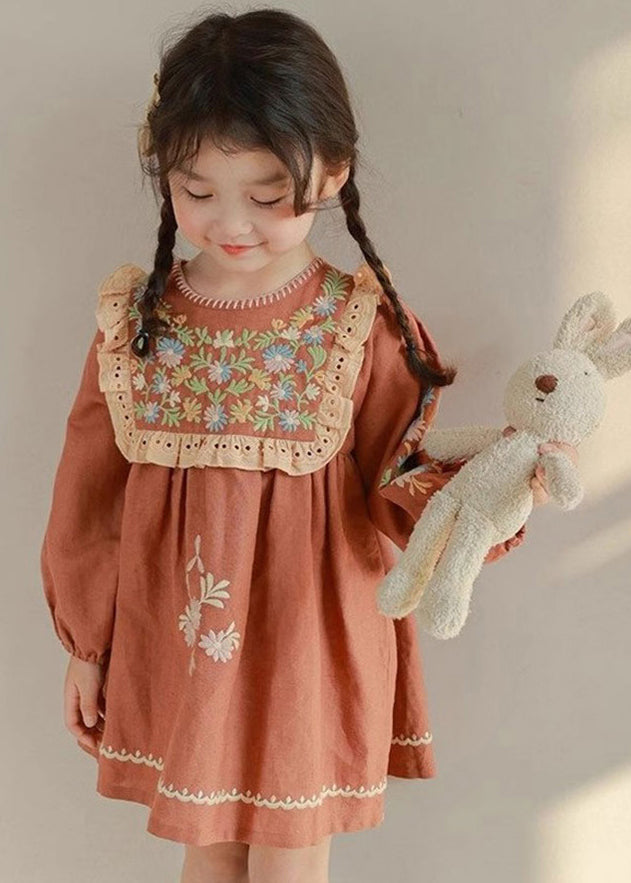 DIY Brick Red Embroideried Hollow Out Kids Mid Dress Fall SS1063