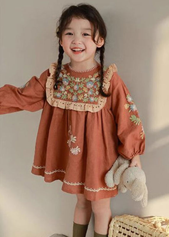 DIY Brick Red Embroideried Hollow Out Kids Mid Dress Fall SS1063