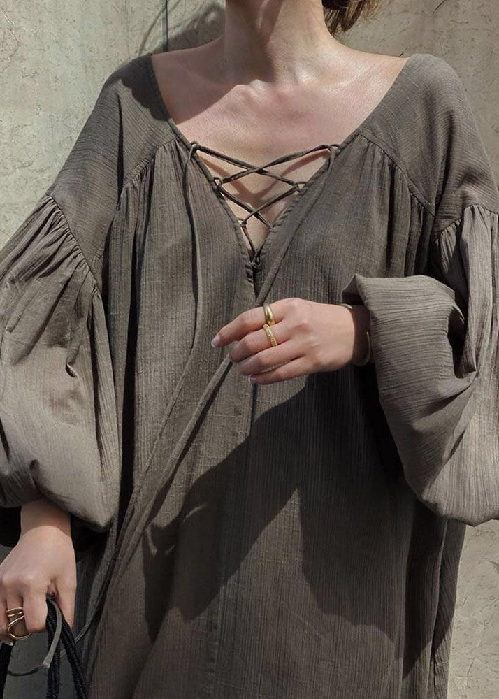 Maxi DIY Lantern Oversized Cotton Dresses Strap Cross Brown