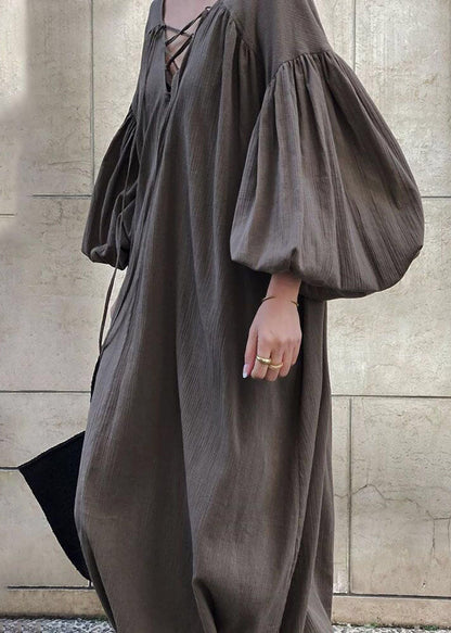 Maxi DIY Lantern Oversized Cotton Dresses Strap Cross Brown