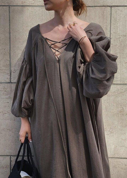 Maxi DIY Lantern Oversized Cotton Dresses Strap Cross Brown
