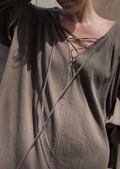 Maxi DIY Lantern Oversized Cotton Dresses Strap Cross Brown