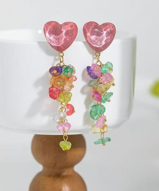 DIY Colorblock Copper Gem Stone Love Tassel Drop Earrings QU016