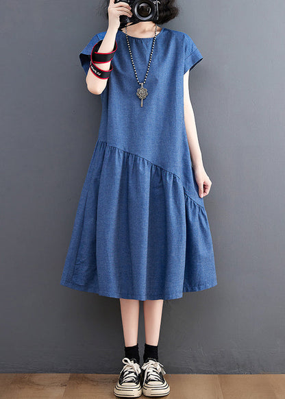 Patchwork Asymmetrical DIY Summer Dress Denim Holiday Navy
