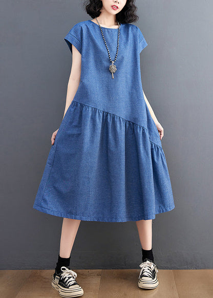 Patchwork Asymmetrical DIY Summer Dress Denim Holiday Navy