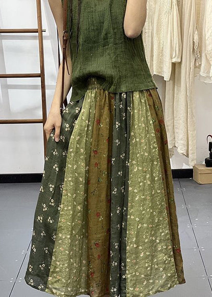 DIY Green Print Wrinkled Elastic Waist Linen Skirt Spring GEM569