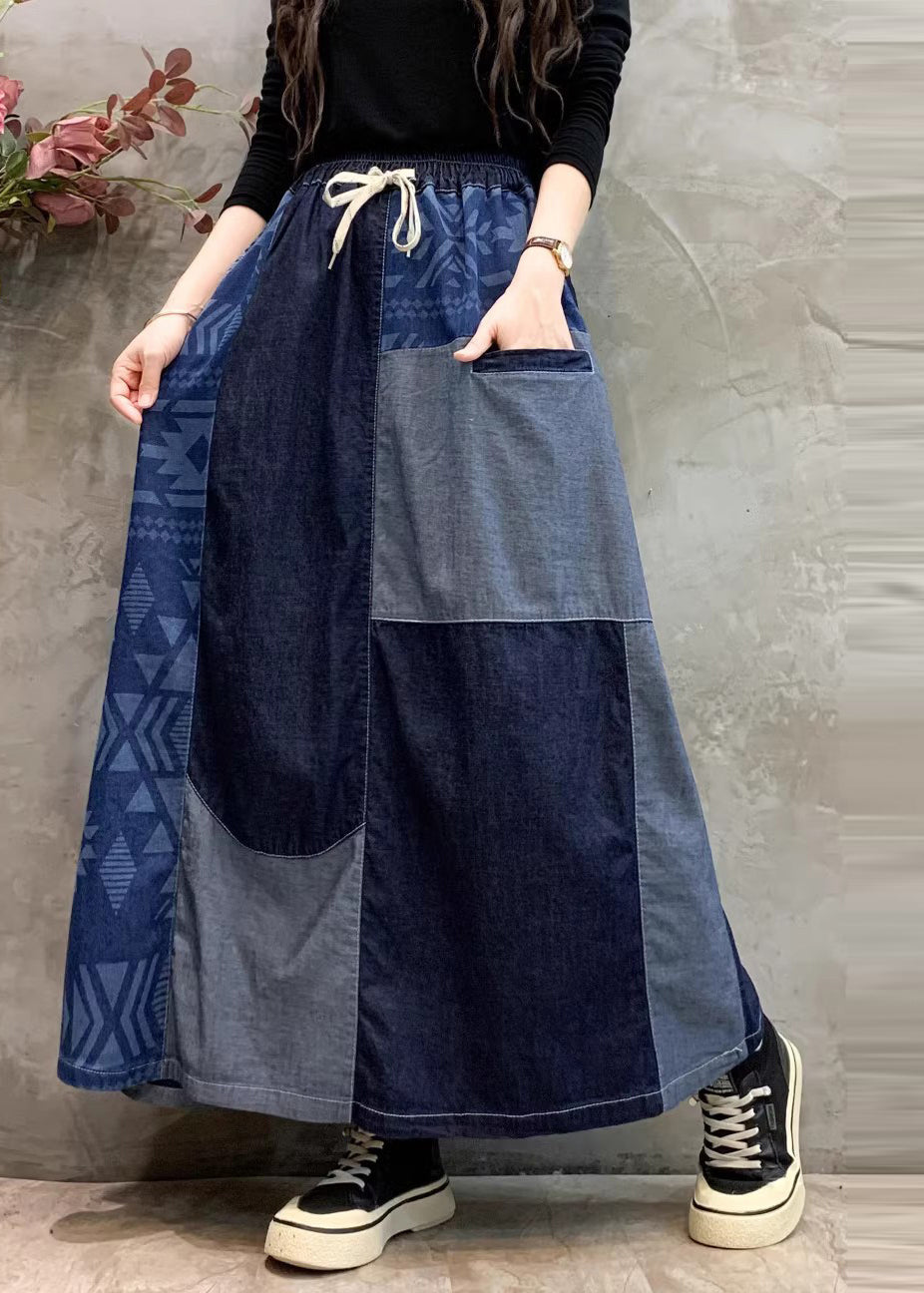 Summer Patchwork Denim Skirt DIY Asymmetrical Navy