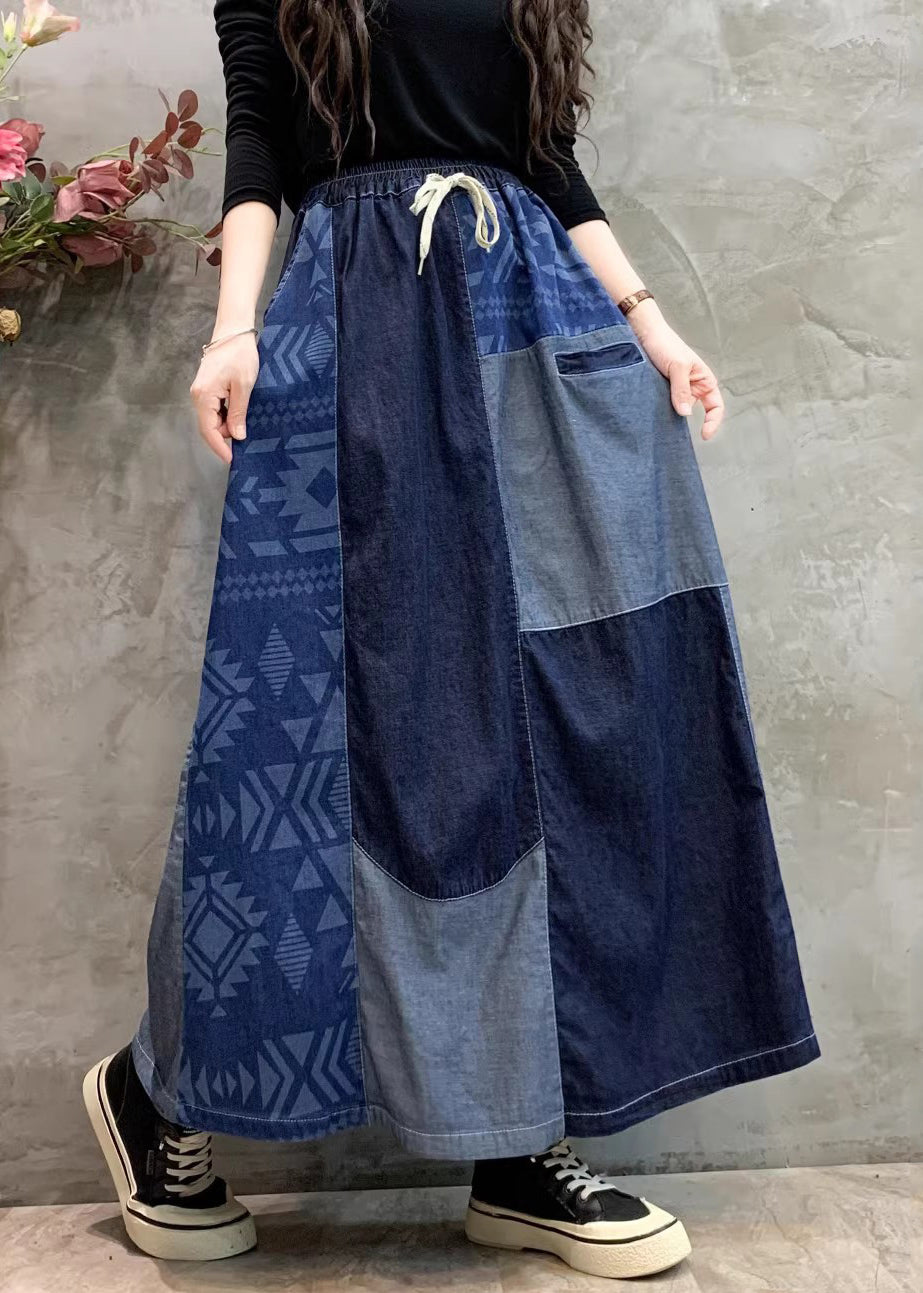 Summer Patchwork Denim Skirt DIY Asymmetrical Navy