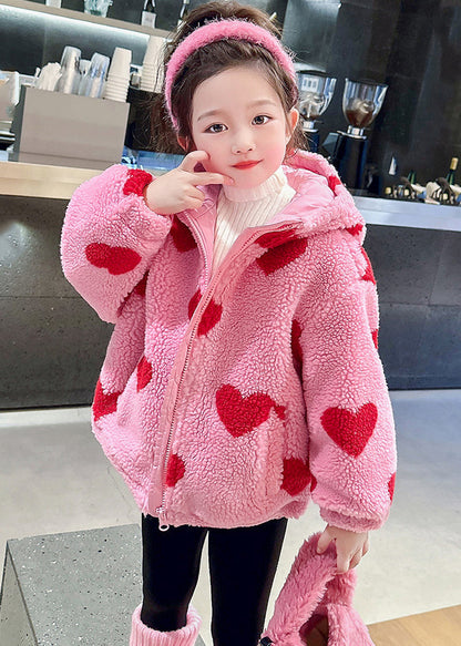 DIY Pink Love Print Faux Fur Girls Hooded Parka Winter WL018