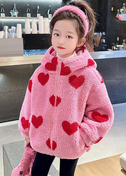 DIY Pink Love Print Faux Fur Girls Hooded Parka Winter WL018