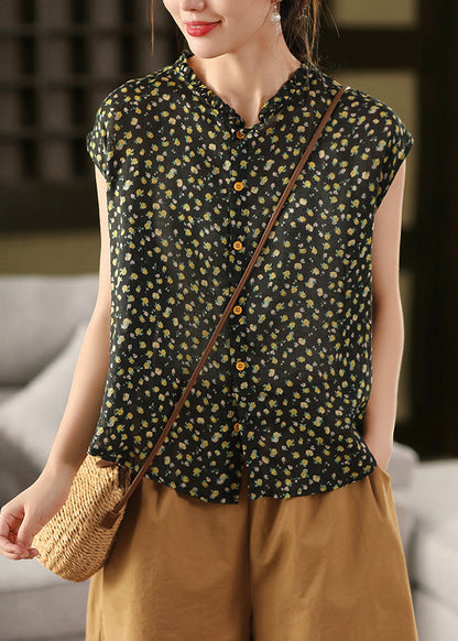 Sleeveless Ruffled Linen Print DIY Tops Pink