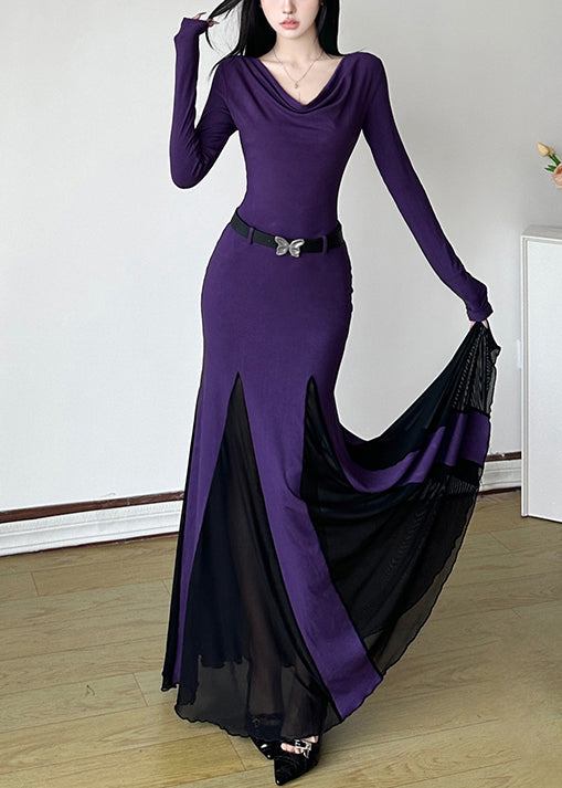 DIY Purple Turtle Neck Patchwork Cotton Party Dress Spring YP046