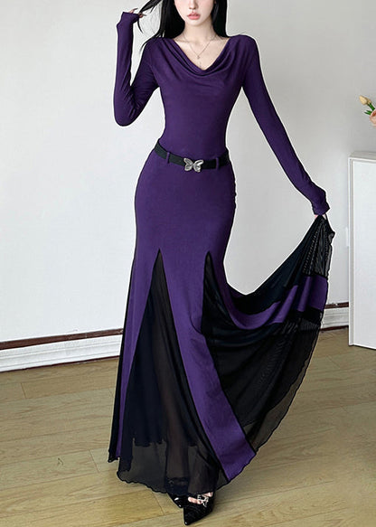 DIY Purple Turtle Neck Patchwork Cotton Party Dress Spring YP046