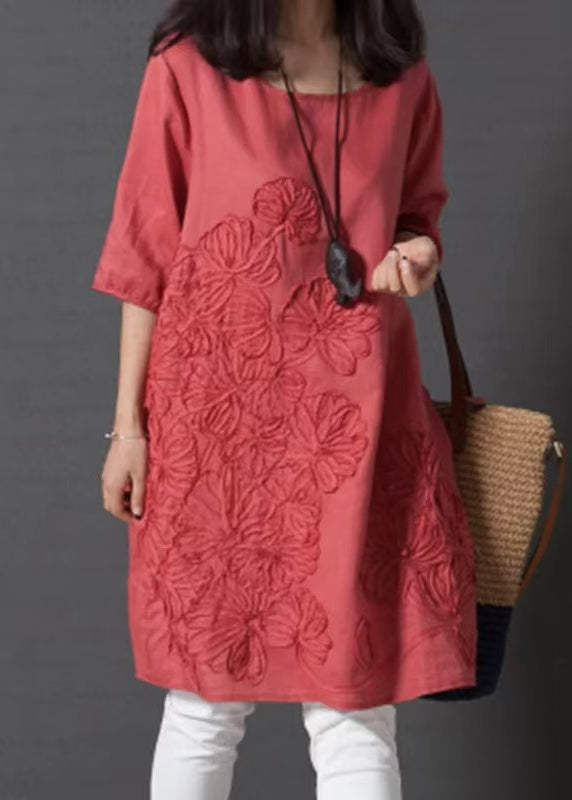 Embroidered Dress Red Half Linen Sleeve Day DIY