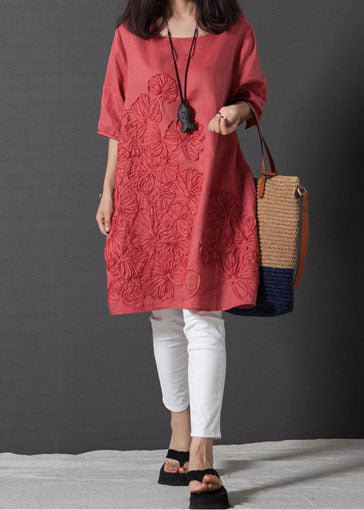 Half Day DIY Sleeve Dress Embroidered Linen Red